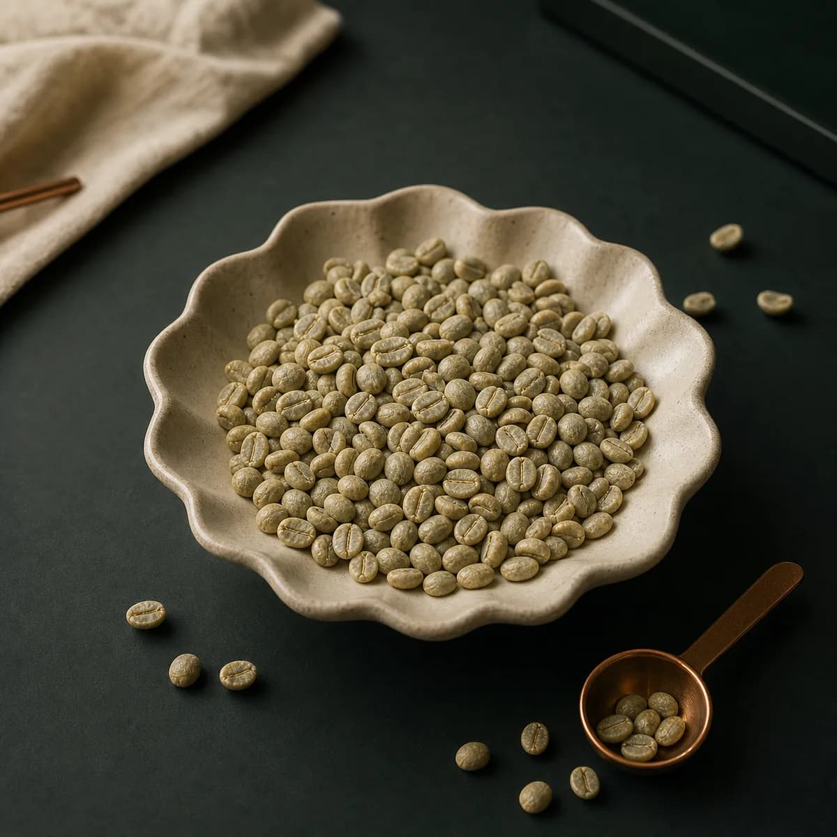 Raw Panama Geisha green coffee beans in a tasting tray